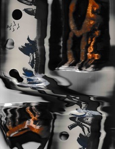 A delft pot, warped across the scanner bed, crosses paths with an unravelled and warped image of a brown and black tea mug.